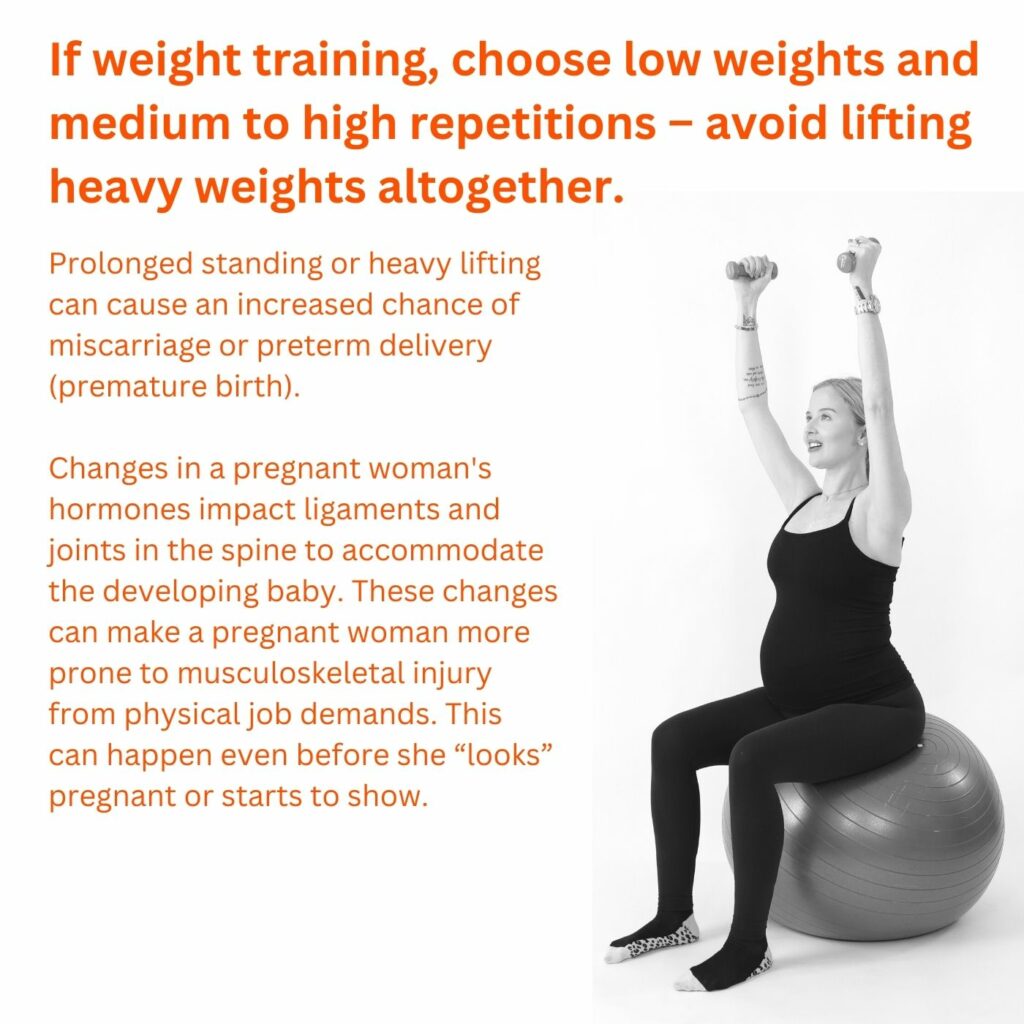 pregnant woman exercise on a Pilates fit ball with hand weights